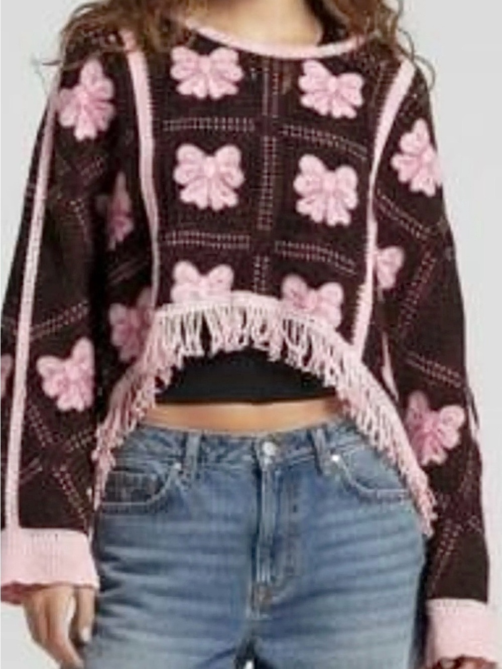 House of Harlow Women's Brown & Pink Cropped Fringe Crochet Sweater